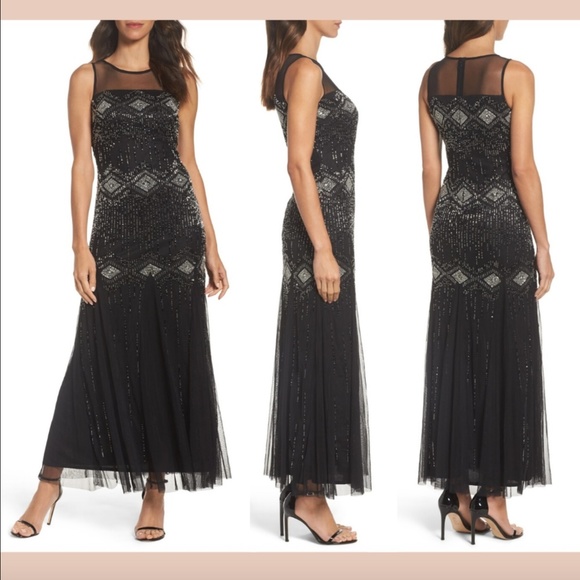 NWT $218 Pisarro‎ Nights Beaded Mesh Gown Black [ SZ 2 ]